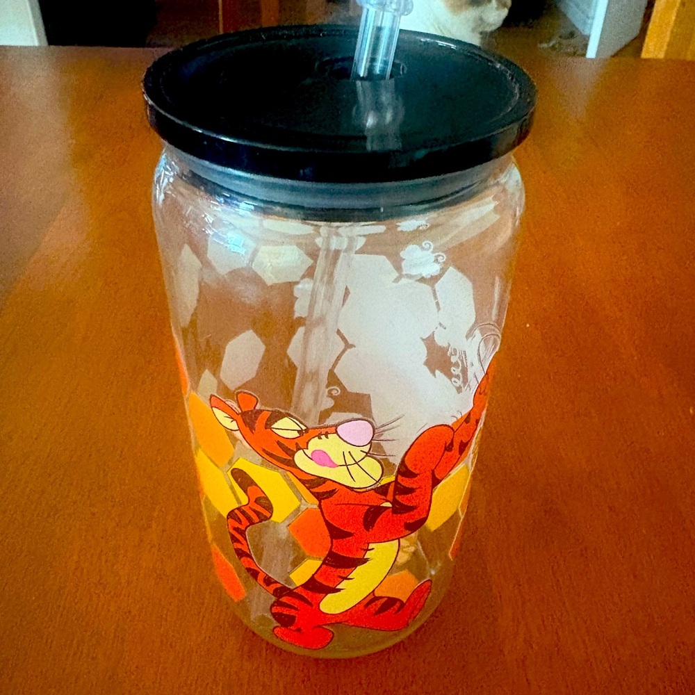 Tigger Themed Glass Jar with Straw - Black Lid